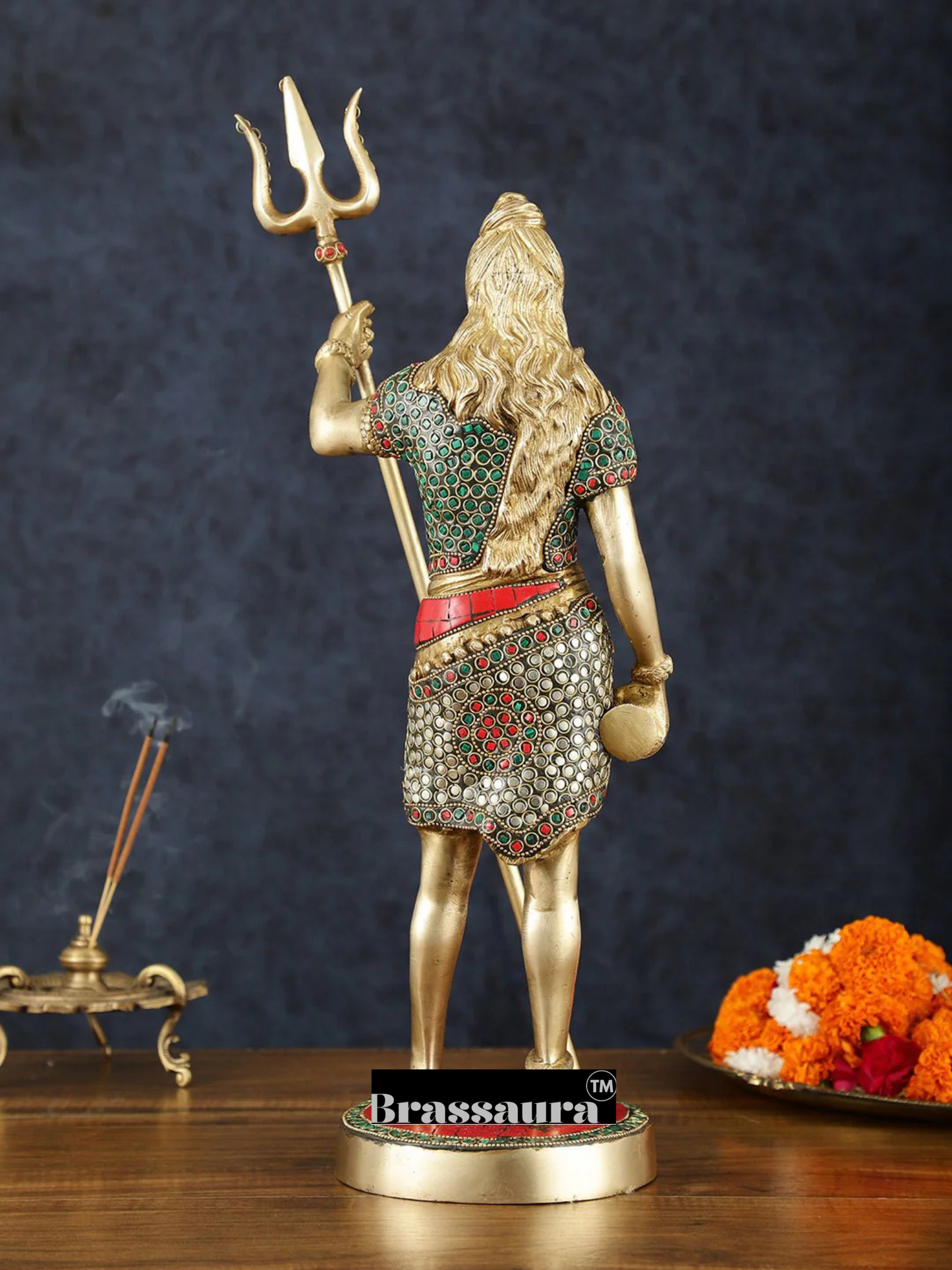 Brassaura™ Brass Gem Stone Work Standing Shiva Idol – Height 18 Inches & Weight 6 Kgs | Spiritual Temple Statue
