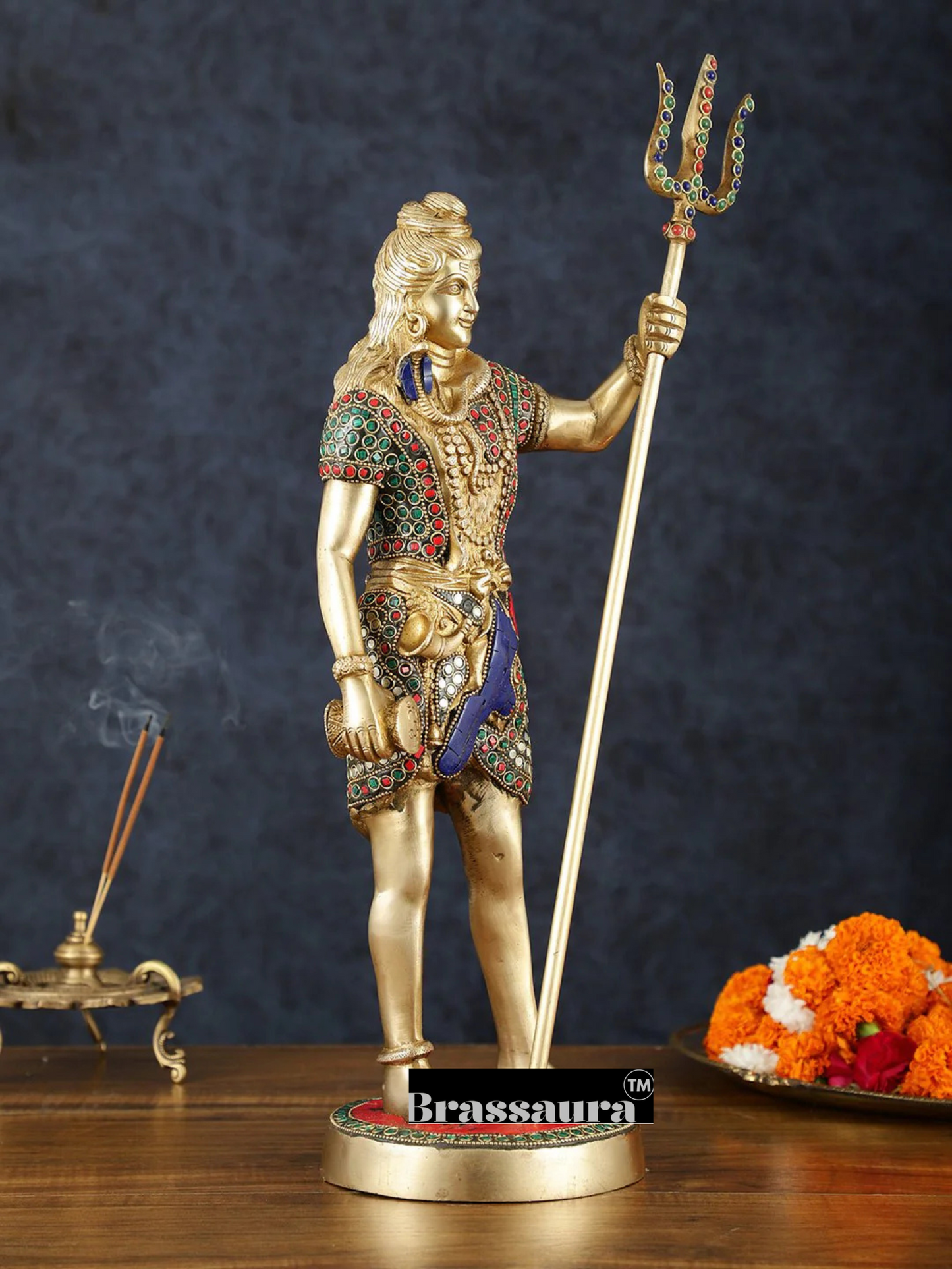 Brassaura™ Brass Gem Stone Work Standing Shiva Idol – Height 18 Inches & Weight 6 Kgs | Spiritual Temple Statue