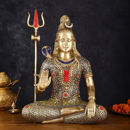 Brassaura™ Brass Gem Stone Work Shiva Idol – Height 20 Inches & Weight 12 Kgs | Temple & Home Accent