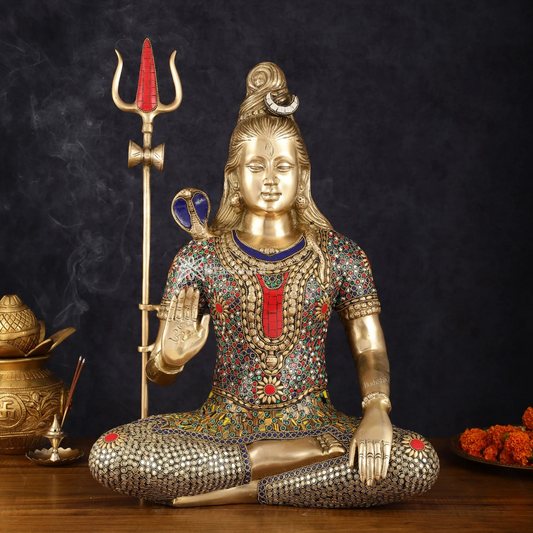 Brassaura™ Brass Gem Stone Work Shiva Idol – Height 20 Inches & Weight 12 Kgs | Temple & Home Accent