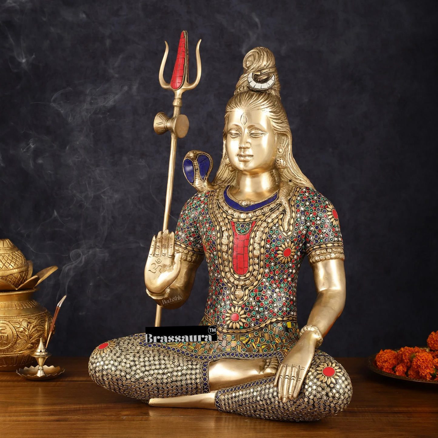 Brassaura™ Brass Gem Stone Work Shiva Idol – Height 20 Inches & Weight 12 Kgs | Temple & Home Accent