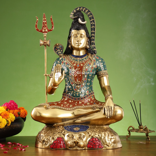 Brassaura™ Brass Gem Stone Work Shiva Idol – Height 22.5 Inches & Weight 16 Kgs | Spiritual Home Décor