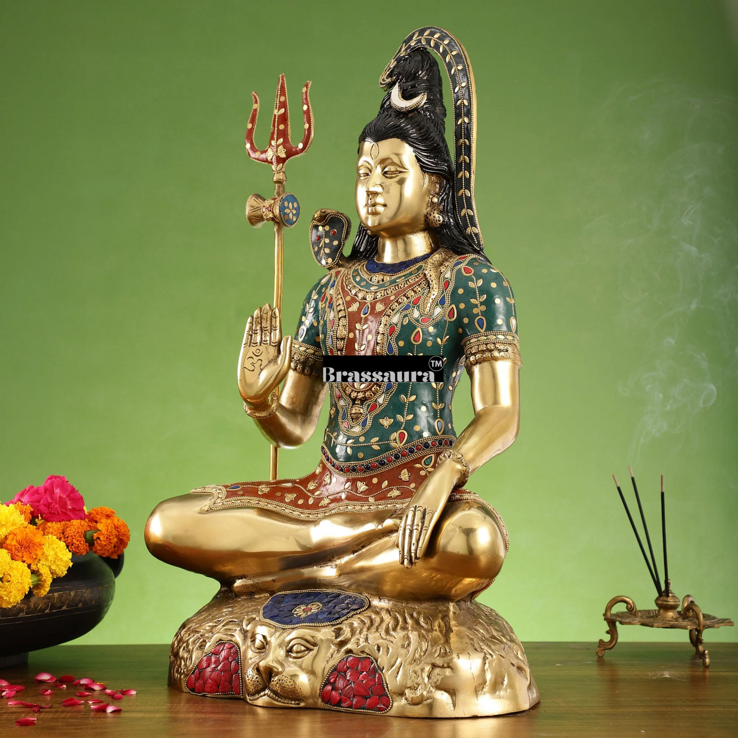 Brassaura™ Brass Gem Stone Work Shiva Idol – Height 22.5 Inches & Weight 16 Kgs | Spiritual Home Décor
