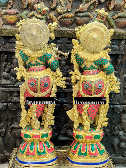 Brassaura™ Brass Gem Stone Work Radha-Krishna Idol – Height 30 Inches & Weight 35 Kgs | Premium Devotional Sculpture