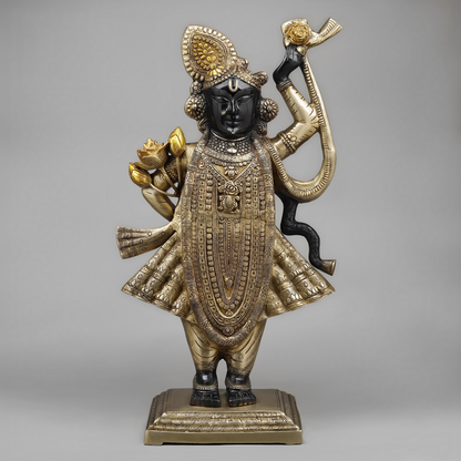BrassAura™ Brass Krishna as Srinath – Golden & Black Patina Finish | Height 32 Inch | Weight 29.04 Kg