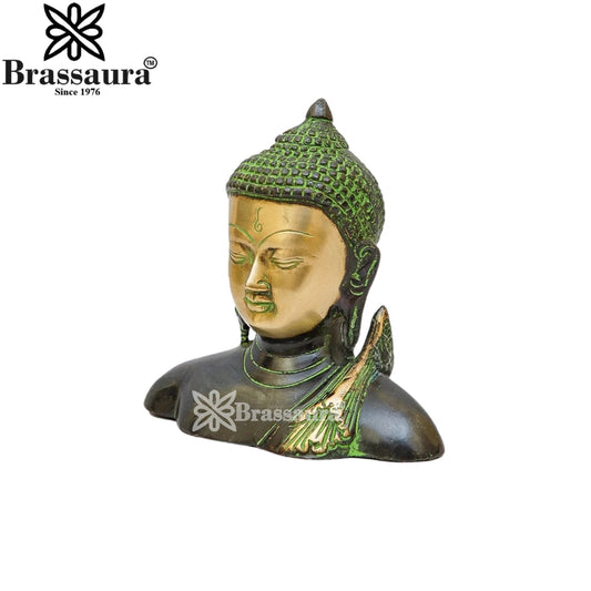 Brassaura® Buddha Bust Idol with Green & Black Patina and Antique Gold Face Finish | Pure Superfine Brass Handcrafted Murti | Brass Statue for Home Temple, Pooja Room | Height 6.5 Inches | Weight 1.6 Kgs