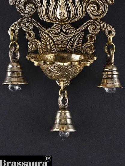 Brassaura™ Brass Lotus Design Wall Hanging Lamp with Bells – Height 10.43 inches | Weight 0.88 kgs