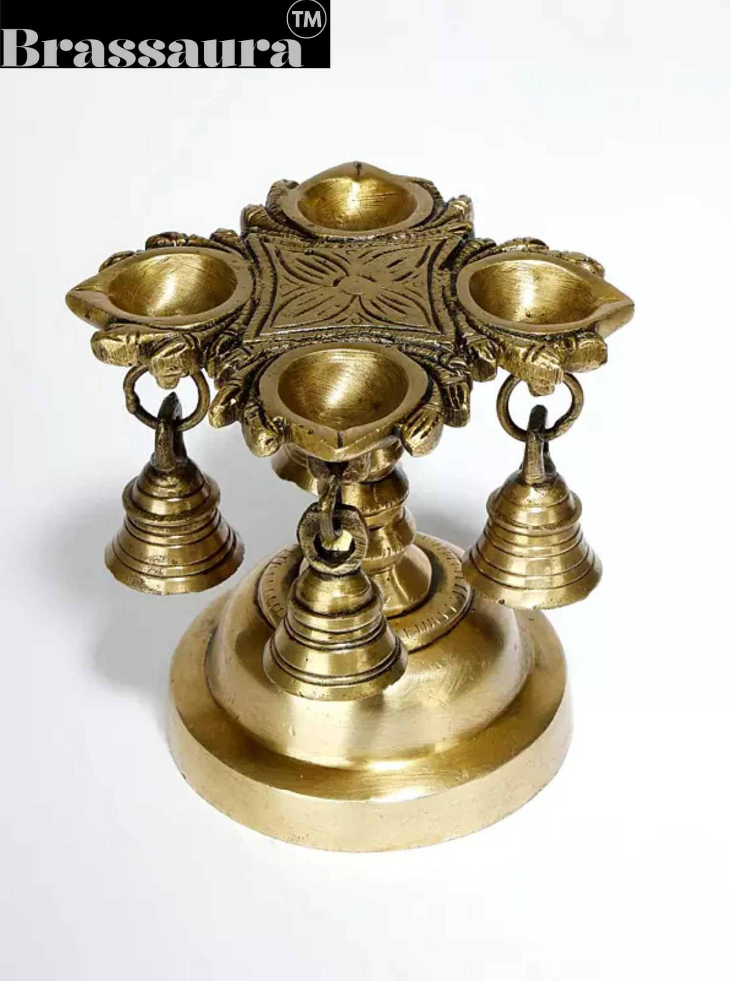 Brassaura™ Designer Brass Four-Wick Lamp with Bells – Height 11 cm (4.33 in) | Weight 1.20 kg