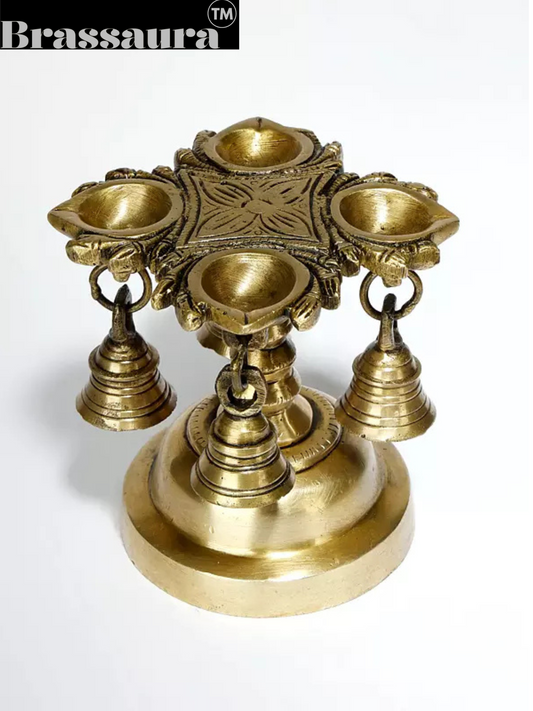 Brassaura® Designer Brass Four-Wick Lamp with Bells – Height 11 cm (4.33 in) | Weight 1.20 kg