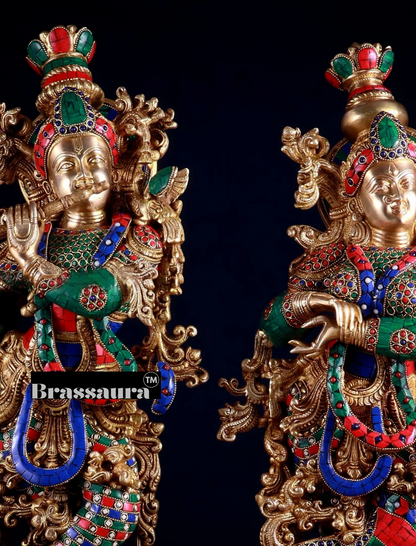 Brassaura™ Handcrafted Brass Radha Krishna Idol Pair with Meenakari – Height 29.5 & 29 Inches & Weight 33 Kgs | Elegant Devotional Statue