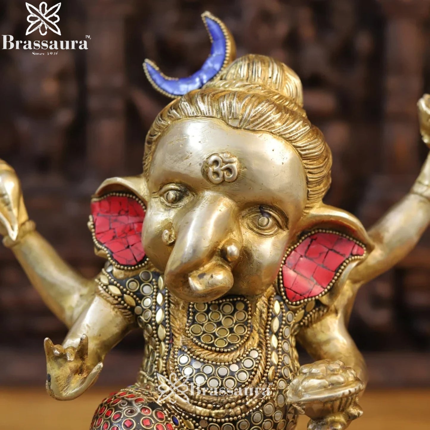 Brass Gem Stone Work Dancing Ganesha Weight 8 Kg & Height 15 Inch