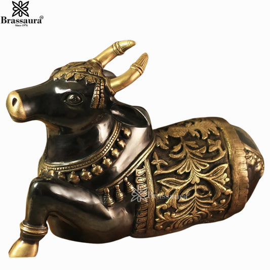 Brassaura® Black & Antique Gold Carved Nandi Brass Statue | Sacred Vehicle of Lord Shiva | Height 18 Inches & Weight 17 Kgs