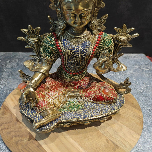 Brass Gem Stone Work Tara Weight 4.8 Kg & Height 13 Inch