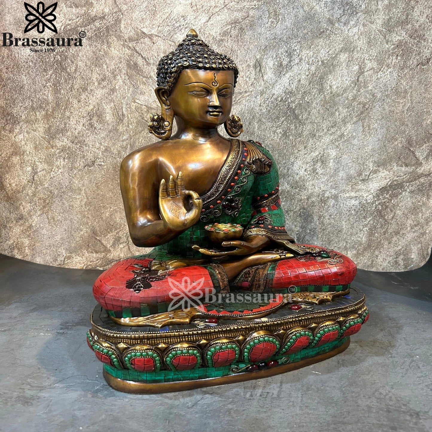 Brass Blessing Gem Stone Work Buddha Weight 16.4 kg & Height 19 Inch