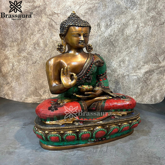 Brassaura® Buddha Sitting in Blessing Mudra Idol with Gem Stone Work Finish and Decorative Base | Pure Superfine Brass Handcrafted Murti | Brass Statue for Home Temple, Pooja Room | Height 19 Inches | Weight 16.4 Kgs