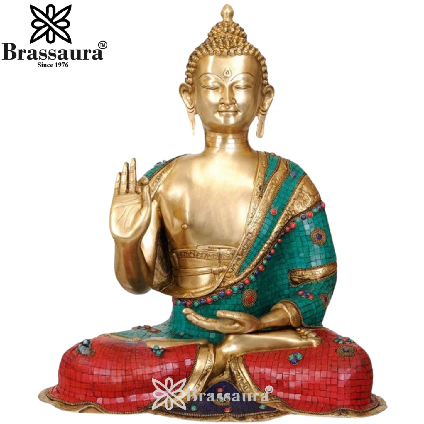 Brass Blessing Gem Stone Work Buddha Weight 32 kg & Height 28 Inch