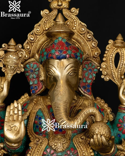 Brass Jewellery Gem Stone Work Ganesha Statue Weight 22 Kg And Height 21 Inch