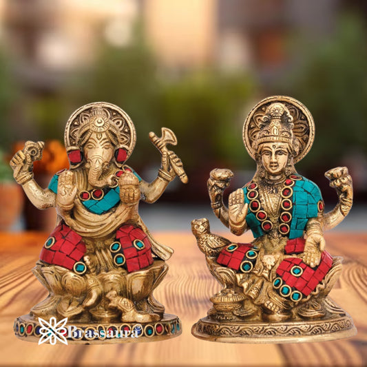 Brass Gem Stone Work Lakshmi Ganesh Weight 2 kg & Height 5 Inch
