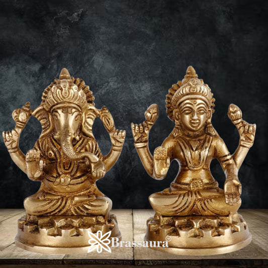 Brassaura™ Elegant Brass Laxmi Ganesha Idol – Height 4 Inches & Weight 1.8 Kgs | Devotional Home Décor