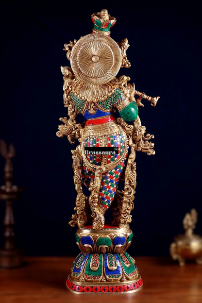 Brassaura™ Brass Krishna Playing Flute Statue with Stonework – Height 29 Inches & Weight 20 Kgs