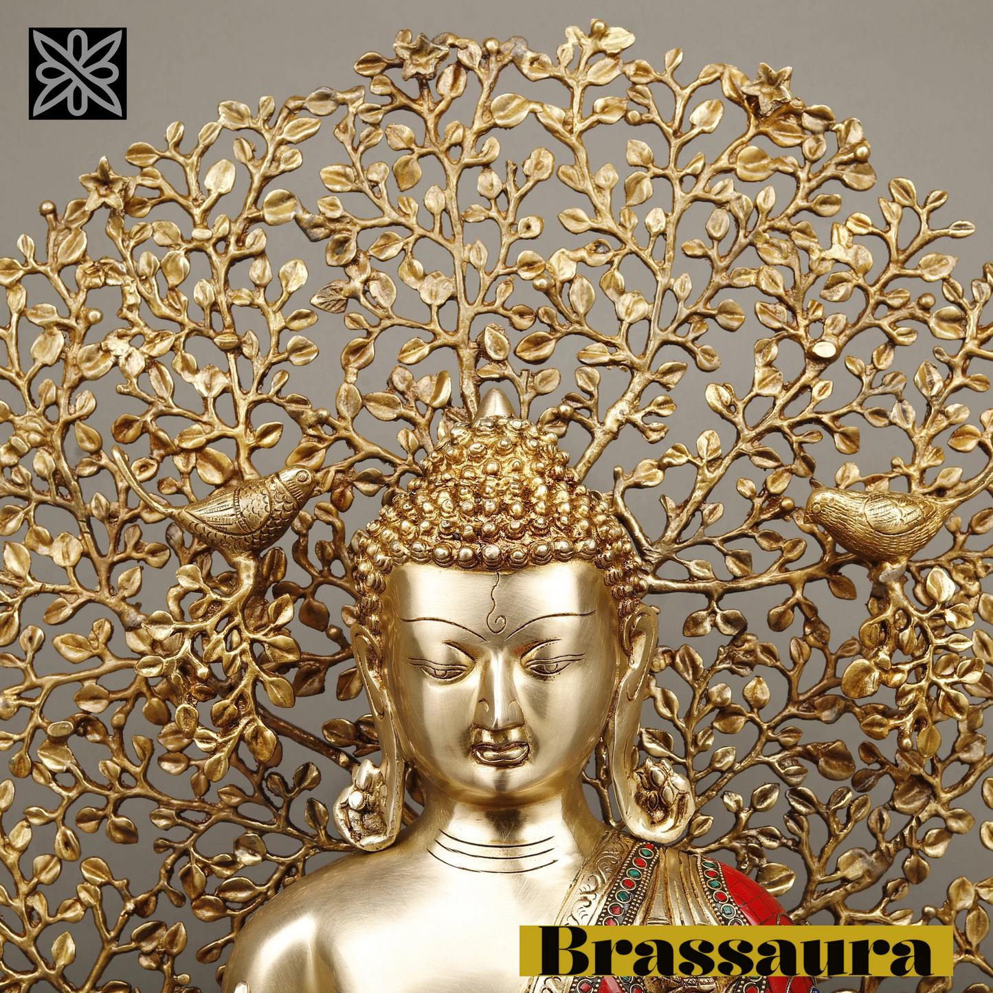 Brassaura™ Brass Buddha Statue under Kalpavriksha Tree – Height 29 Inches | Weight 31.98 Kgs | Meenakari Stonework
