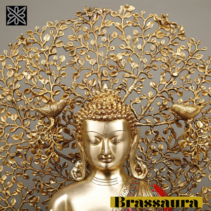 Brassaura™ Brass Buddha Statue under Kalpavriksha Tree – Height 29 Inches | Weight 31.98 Kgs | Meenakari Stonework