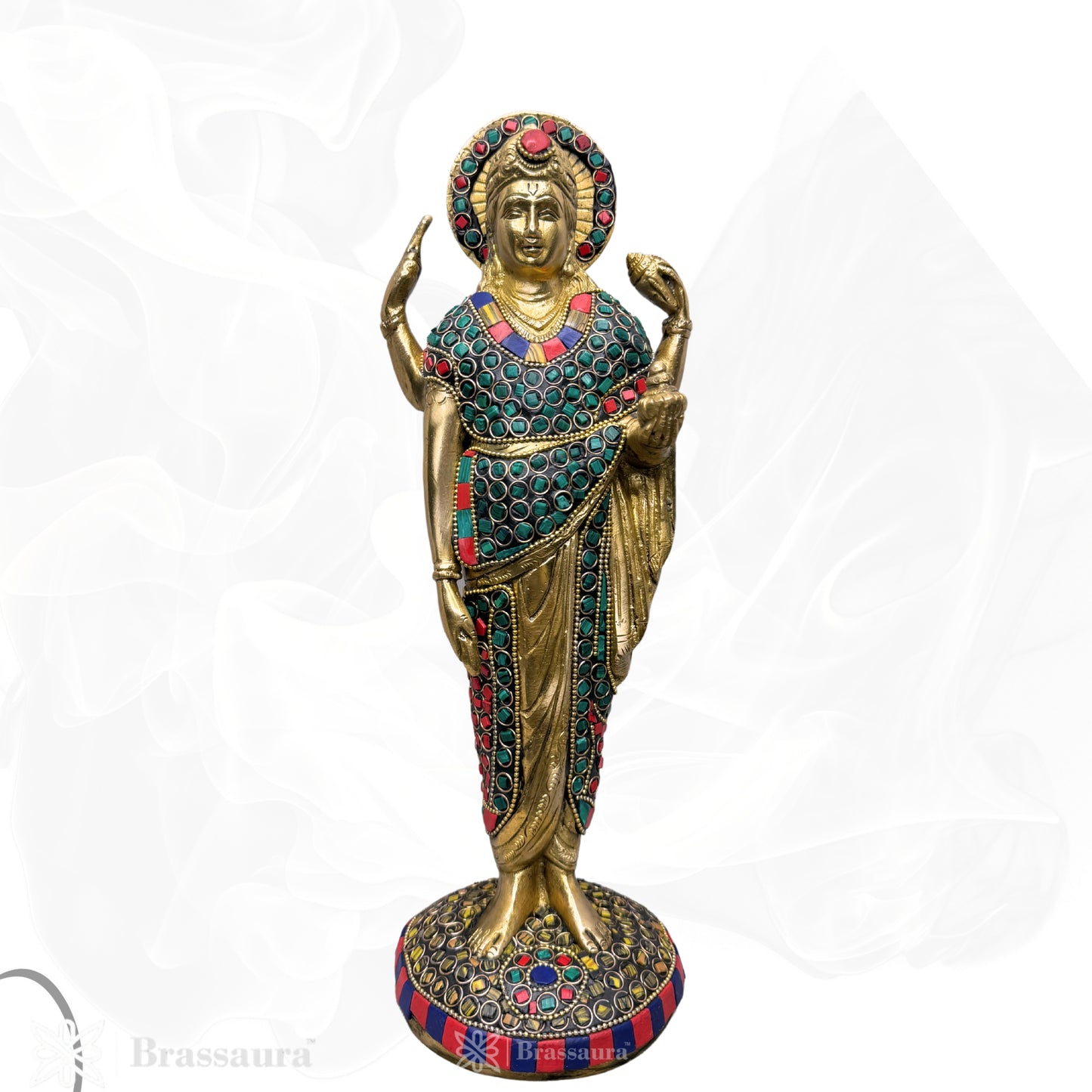 Brassaura™ Brass Dhanavantari Idol Gem Stone Work The Physician of Gods Dhanvantri Decorative Murti Statue Showpiece for Gift Dhanwantri Statue 12 cm Weight 2.50 Kg