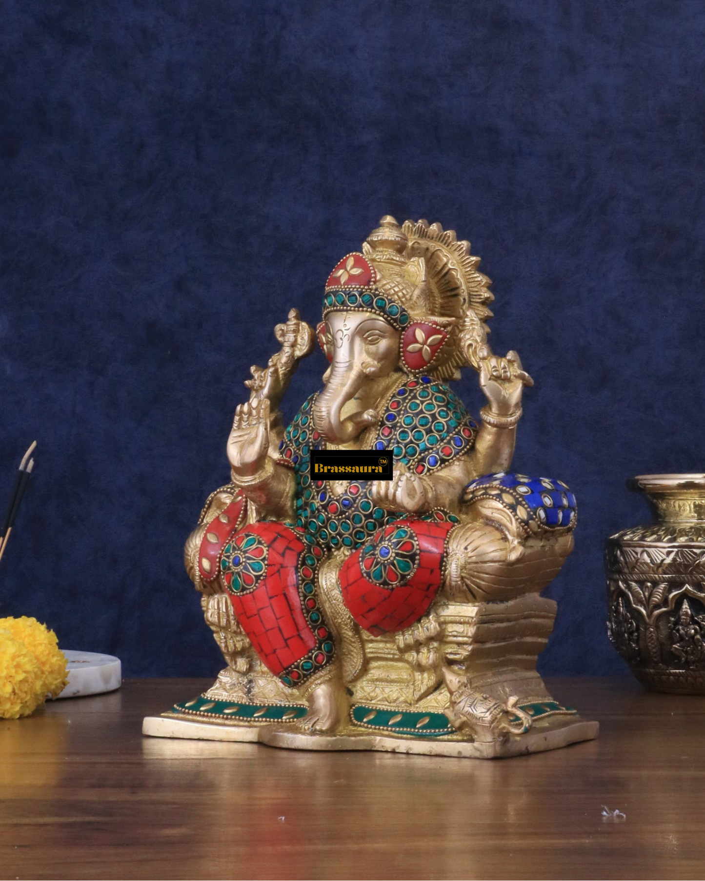 Brassaura™ Handcrafted Brass Ganesha Idol – 10" Height, 5 kg – Meenakari Stonework for Home & Office Décor