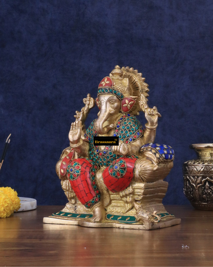 Brassaura™ Handcrafted Brass Ganesha Idol – 10" Height, 5 kg – Meenakari Stonework for Home & Office Décor