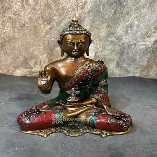 Brass Blessing Gem Stone Work Buddha Weight 4.4 kg & Height 10.5 Inch