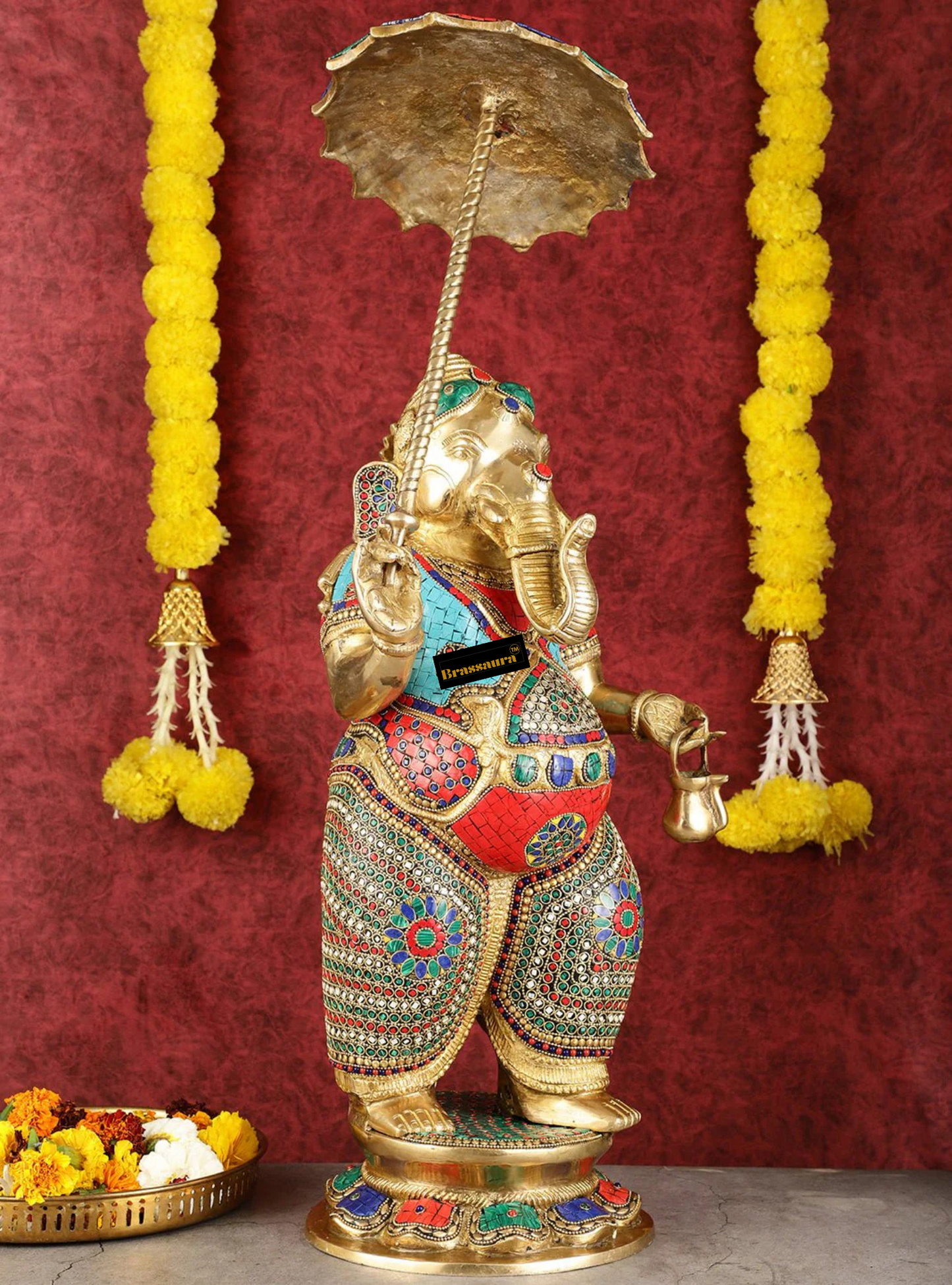 Brassaura™ 29-Inch Standing Lord Ganesha Statue – Meenakari Stonework | Height 29 Inches, Weight 17 Kgs