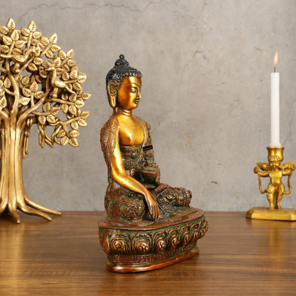 Brassaura™ Pure Brass Buddha Bhumisparsha Engraved Statue in Dual Tone – Height 9 Inches, Weight 2.73 Kgs