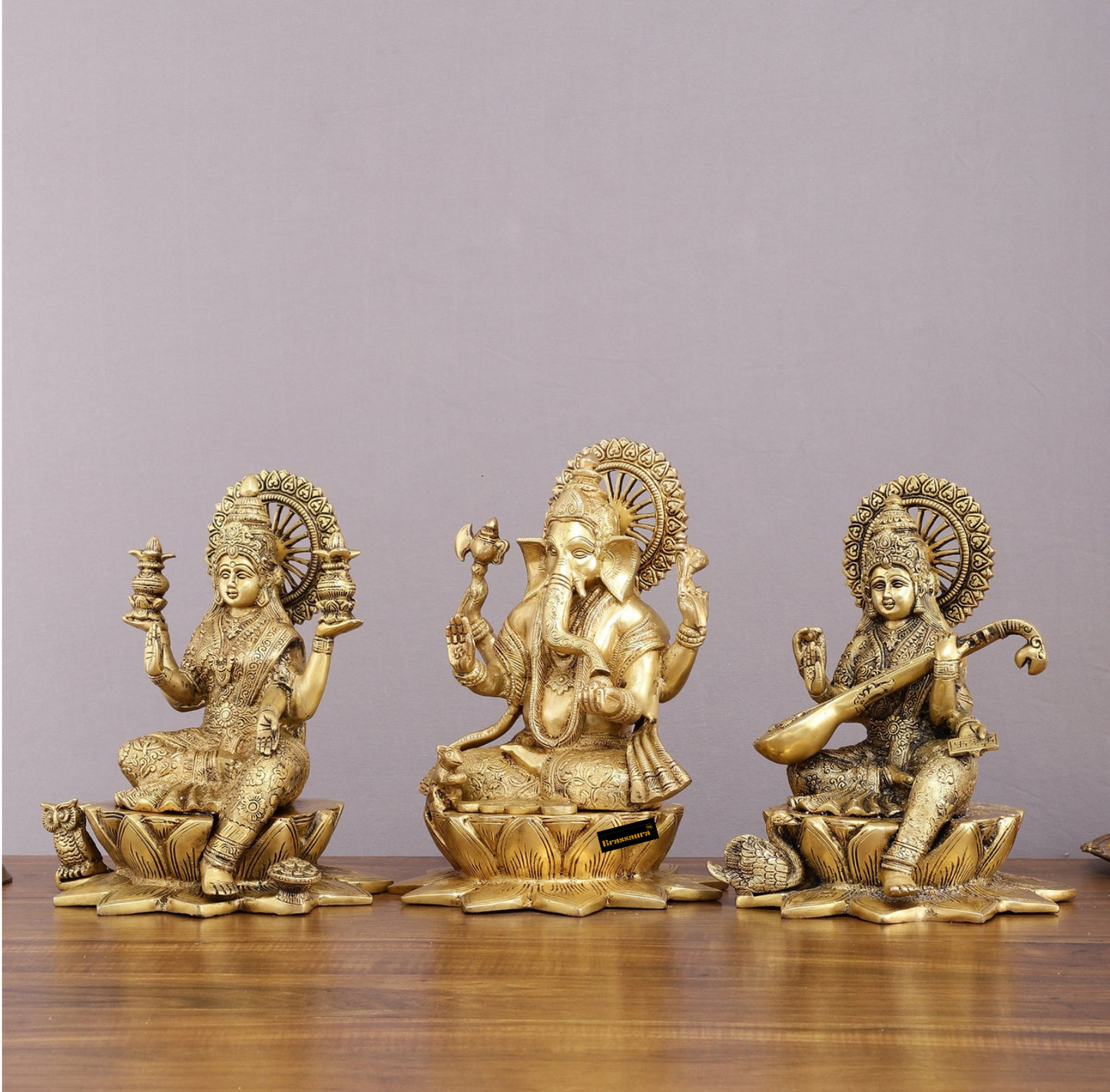 Brassaura™ Pure Brass Ganesh Lakshmi Saraswati Set – 11" Height, 19 kg – Handcrafted Trio for Prosperity & Wisdom