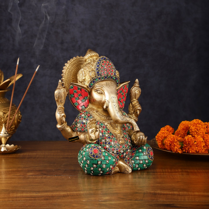 Brassaura™ Pure Brass Meenakari Ganesha Idol – 8 Inch Height | 4.7 kg | Handcrafted with Natural Color Stones | Spiritual Home & Office Décor