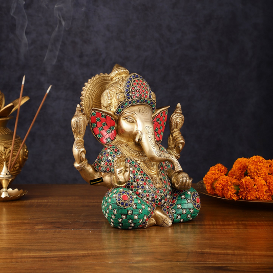 ब्रसौरा® शुद्ध पीतल मीनाकारी गणेश मूर्ति - 8 इंच ऊंचाई | प्राकृतिक रंगीन पत्थरों से हस्तनिर्मित | आध्यात्मिक घर और कार्यालय की सजावट