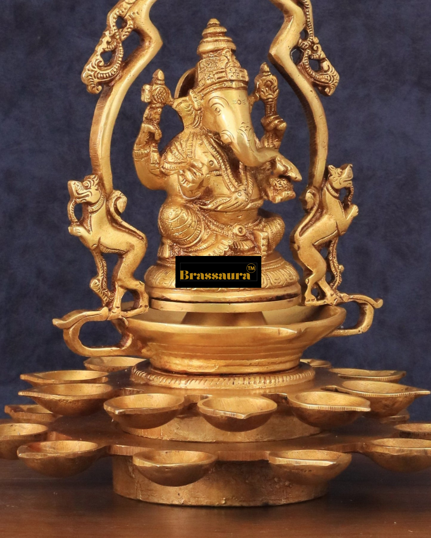 Brassaura™ Pure Brass Ganesha Statue with Diyas & Thiruvachi Frame – 12" Height, 3.8 kg – Divine Home Decor