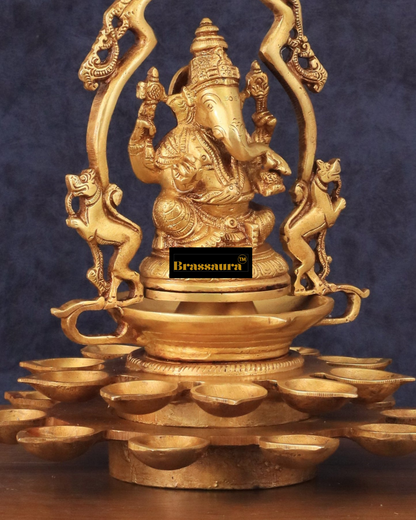Brassaura™ Pure Brass Ganesha Statue with Diyas & Thiruvachi Frame – 12" Height, 3.8 kg – Divine Home Decor