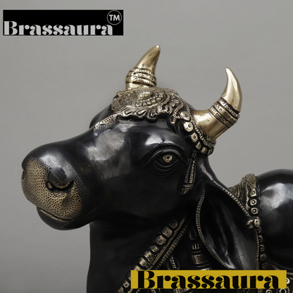 Brassaura™ Brass Nandi Statue | 14 Inches Height | 19.29 Kgs Weight | Black Finish with Golden Accents
