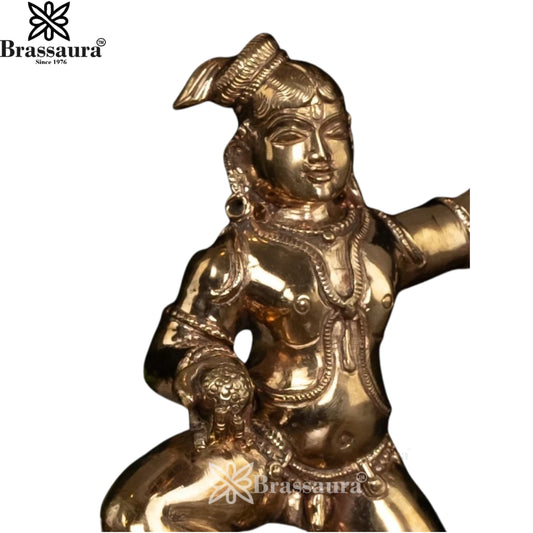 Brassaura® Dancing Baby Krishna Holding Laddu Idol with Fine Polish Finish | Handcrafted Bronze Murti | Bronze Statue for Home Temple, Pooja Room | Height 8 Inches | Weight 1.6 Kgs