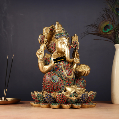Brassaura™ Brass Seated Ganesha on Lotus – Height 11 Inches, Weight 8.5 Kgs | Auspicious & Prosperity Idol
