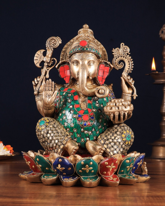 Brassaura™ Pure Brass Lotus Seated Ganesha Idol – 11 Inch Height | 8.5 kg | Intricate Stonework & Brass Rings | Spiritual Home Décor
