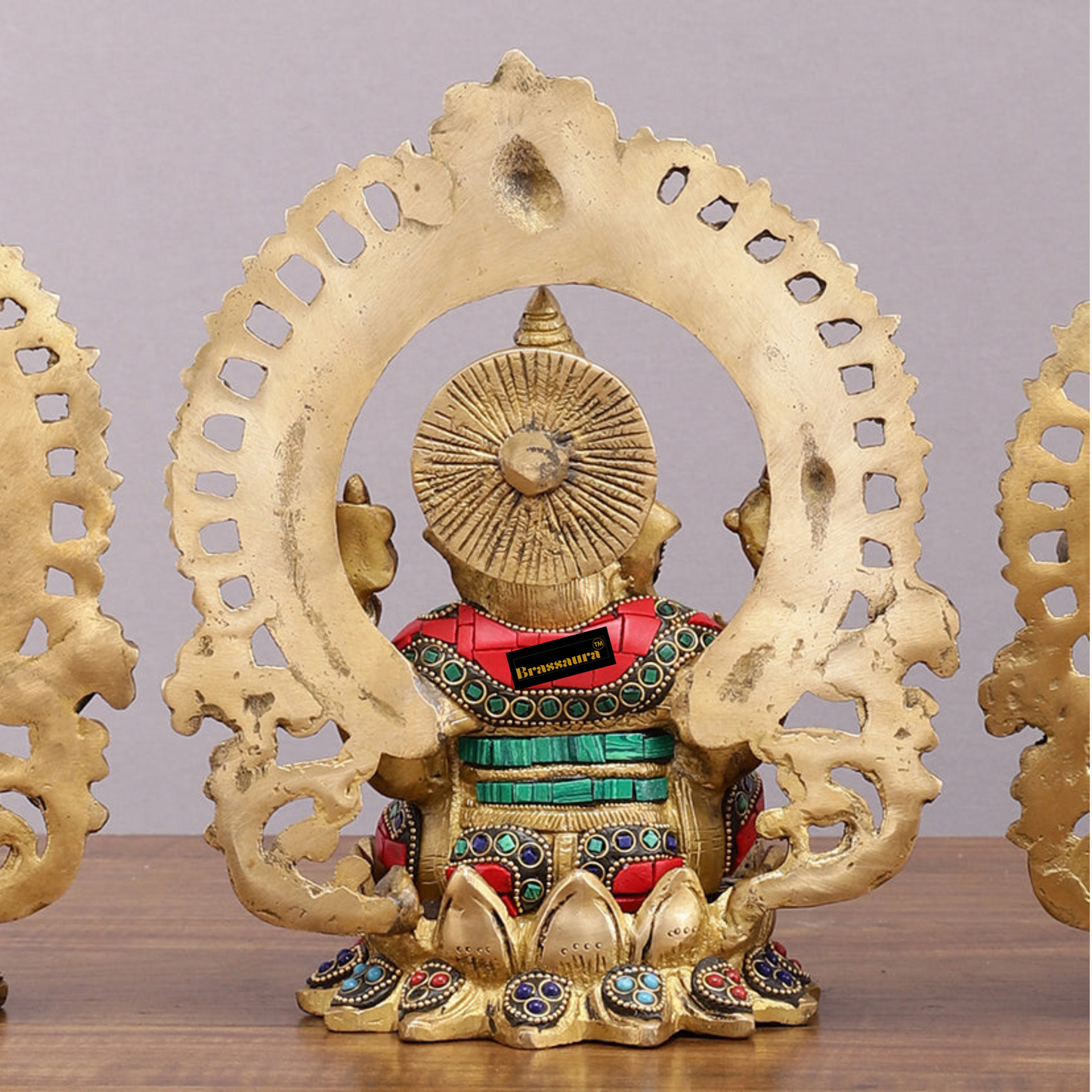 Brassaura™ Brass Ganesha, Lakshmi & Saraswati Idol Set – 9.5 Inch Height | 10.2 kg | Handcrafted with Meenakari Stonework