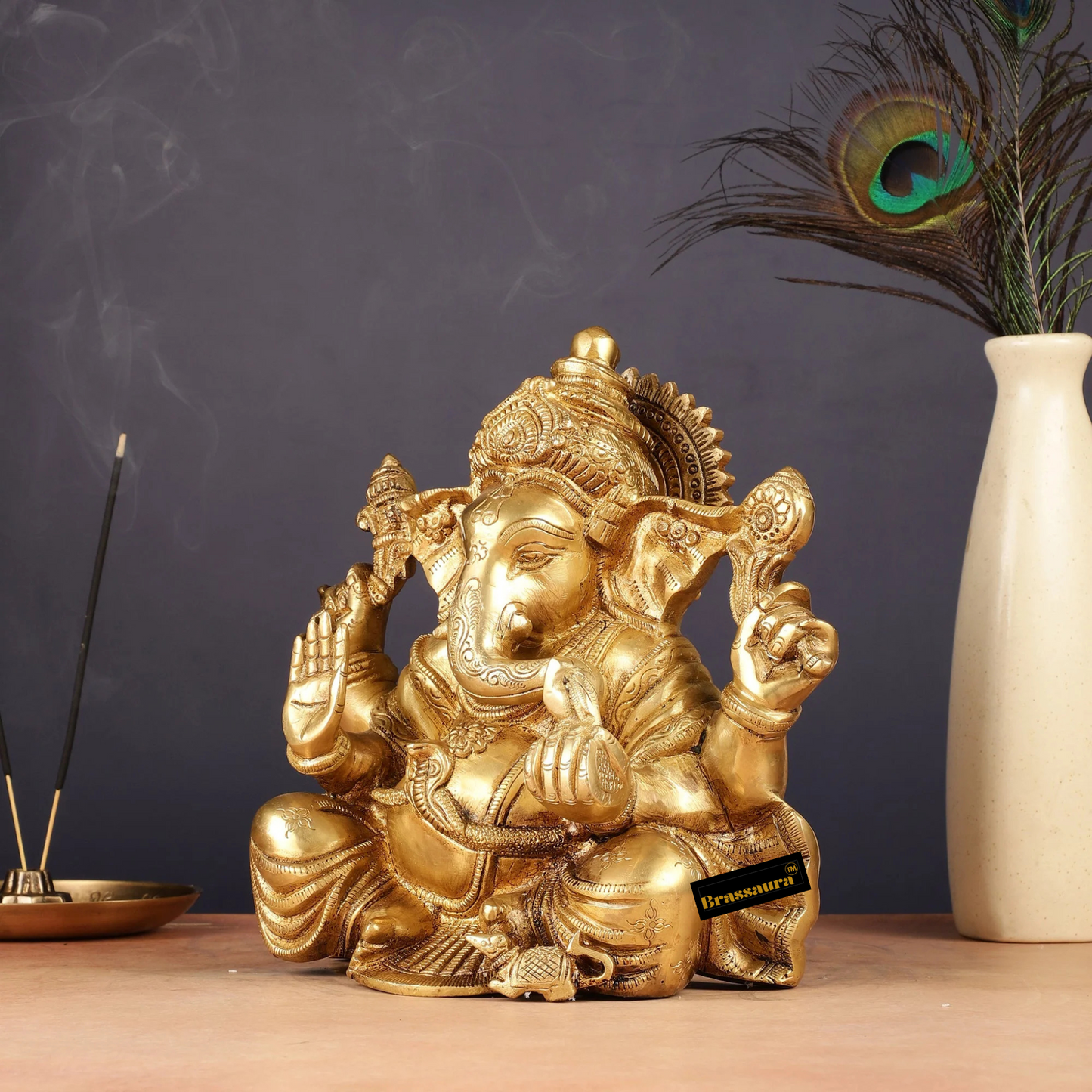 Brassaura™ Brass Ganesha Idol – Height 9 Inches, Weight 5 Kgs | Wisdom & Prosperity Statue