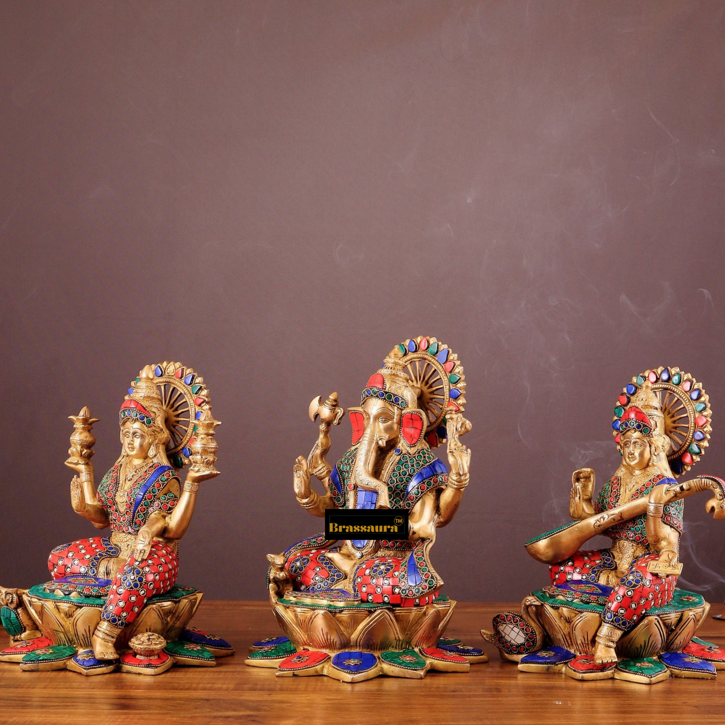 Brassaura™ Brass Gemstone Work Ganesha, Lakshmi & Saraswati Idol Set – 12 Inch Height | 19 kg | Multi-Coloured | Spiritual Home & Diwali Décor Gift