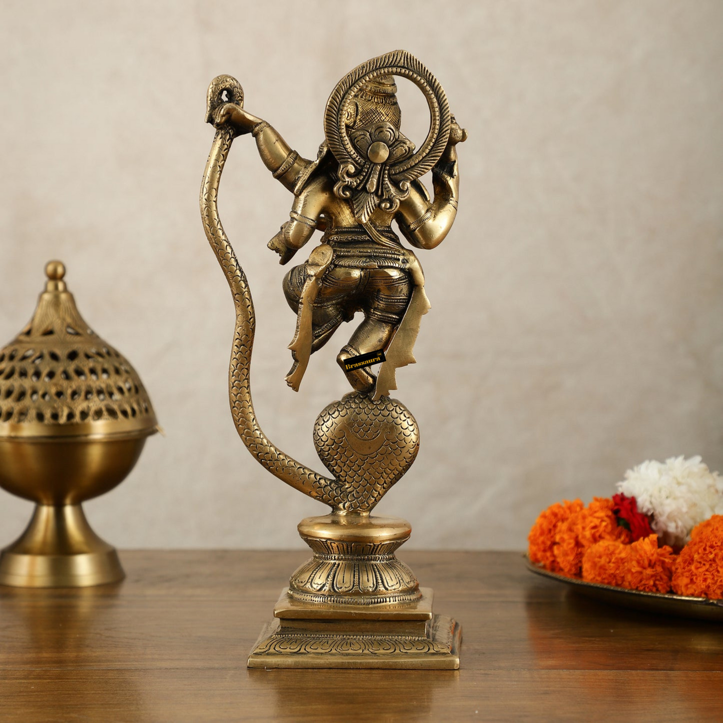 Brassaura™ Brass Ganesha Dancing on Vasuki Naag – 11.5" Height, 2.94 kg – Symbol of Divine Victory & Grace