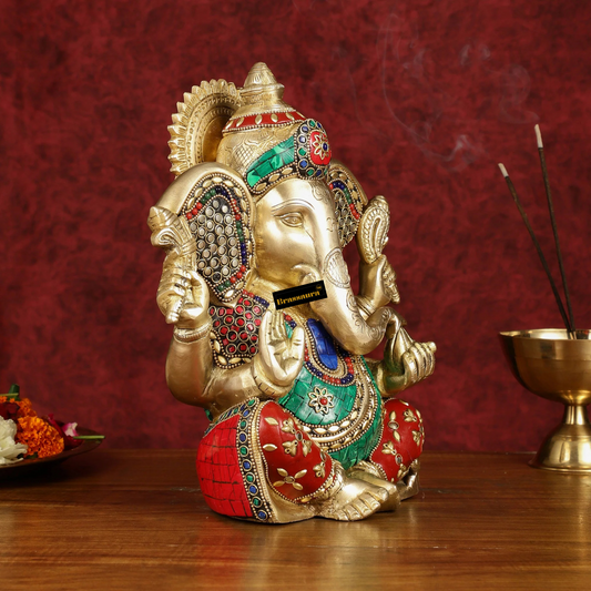 Brassaura® Brass Lord Ganesha Statue – Meenakari Stonework | Height 10 Inches