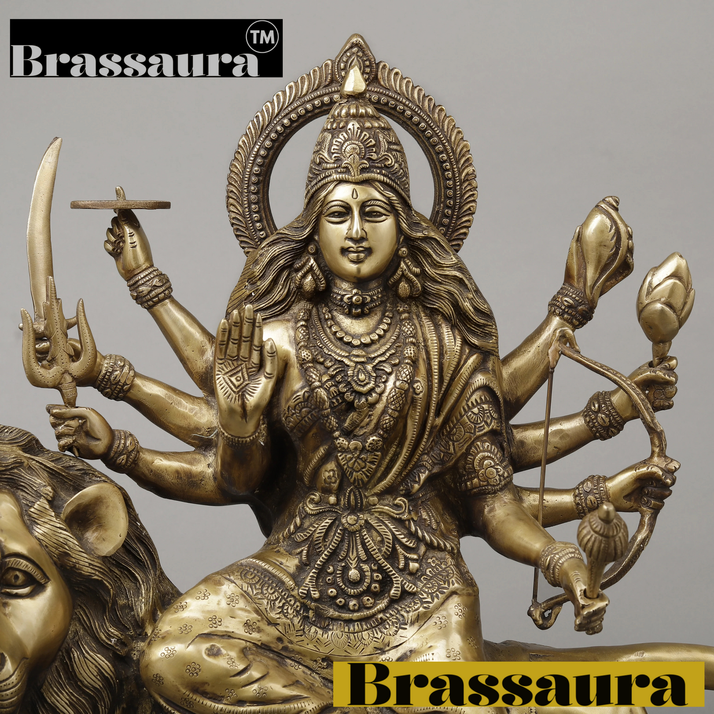 Brassaura™ 26.5-Inch Brass Durga Idol – 35.38kg – Majestic 8-Armed Goddess Seated on Lion with Golden Finish for Temple, Home & Gifting