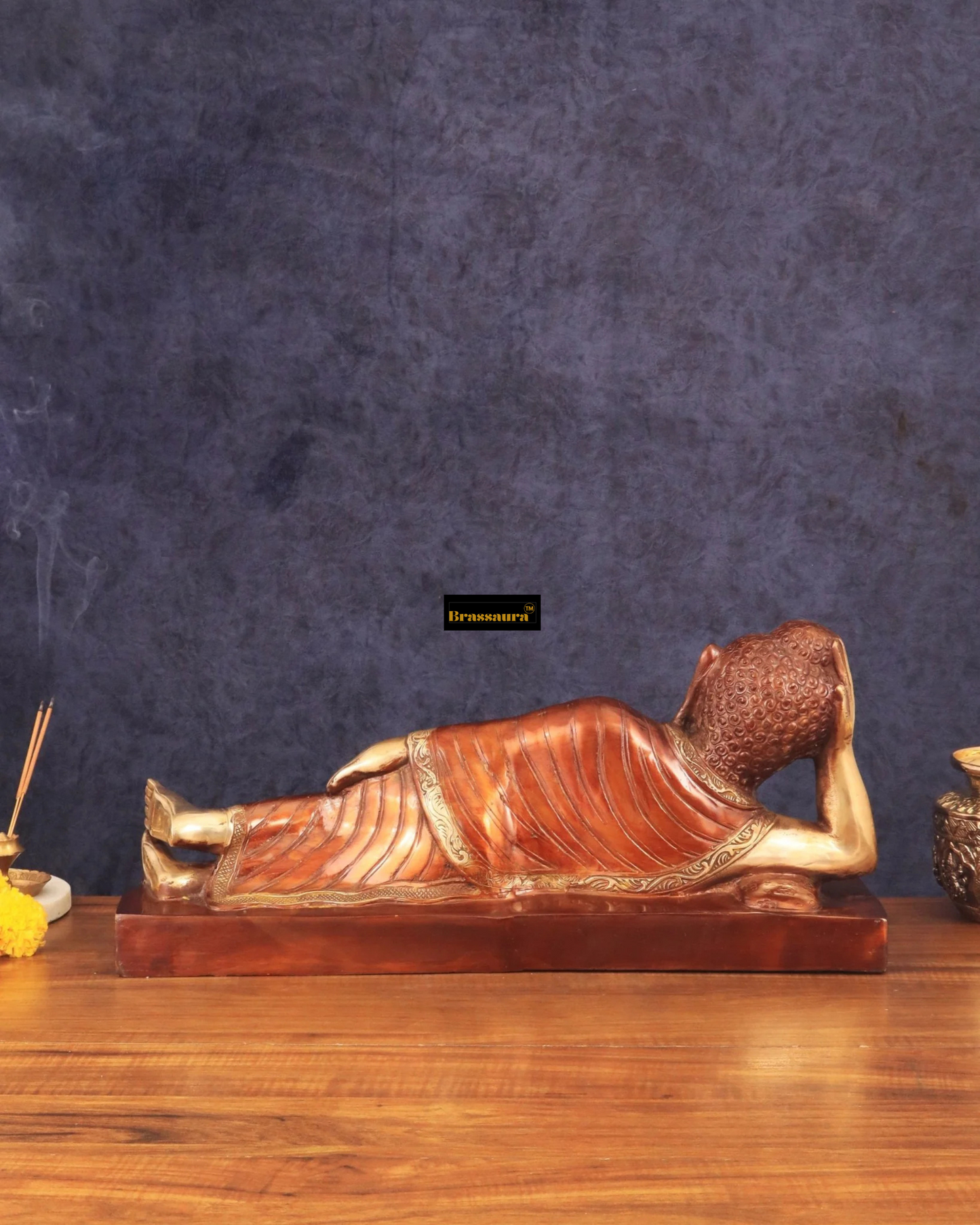 Brassaura™ Dual-Tone Brass Reclining Sleeping Buddha – Height 9 Inches, Weight 8.82 Kgs
