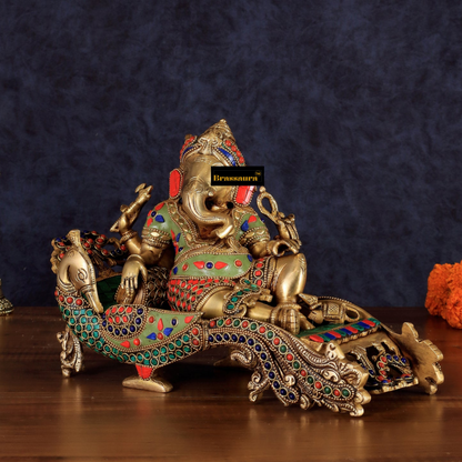 Brassaura™ Handcrafted Brass Ganapathi on Peacock Throne – 7.5 Inch Height | 4.5 kg | Multicoloured Stonework | Spiritual & Home Décor
