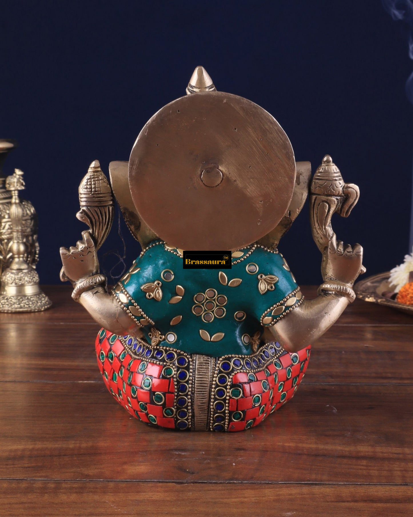 Brassaura™ Brass Taj Ganesha Idol with Stonework – 8" Height, 3 kg – Intricately Crafted with Sharp Features